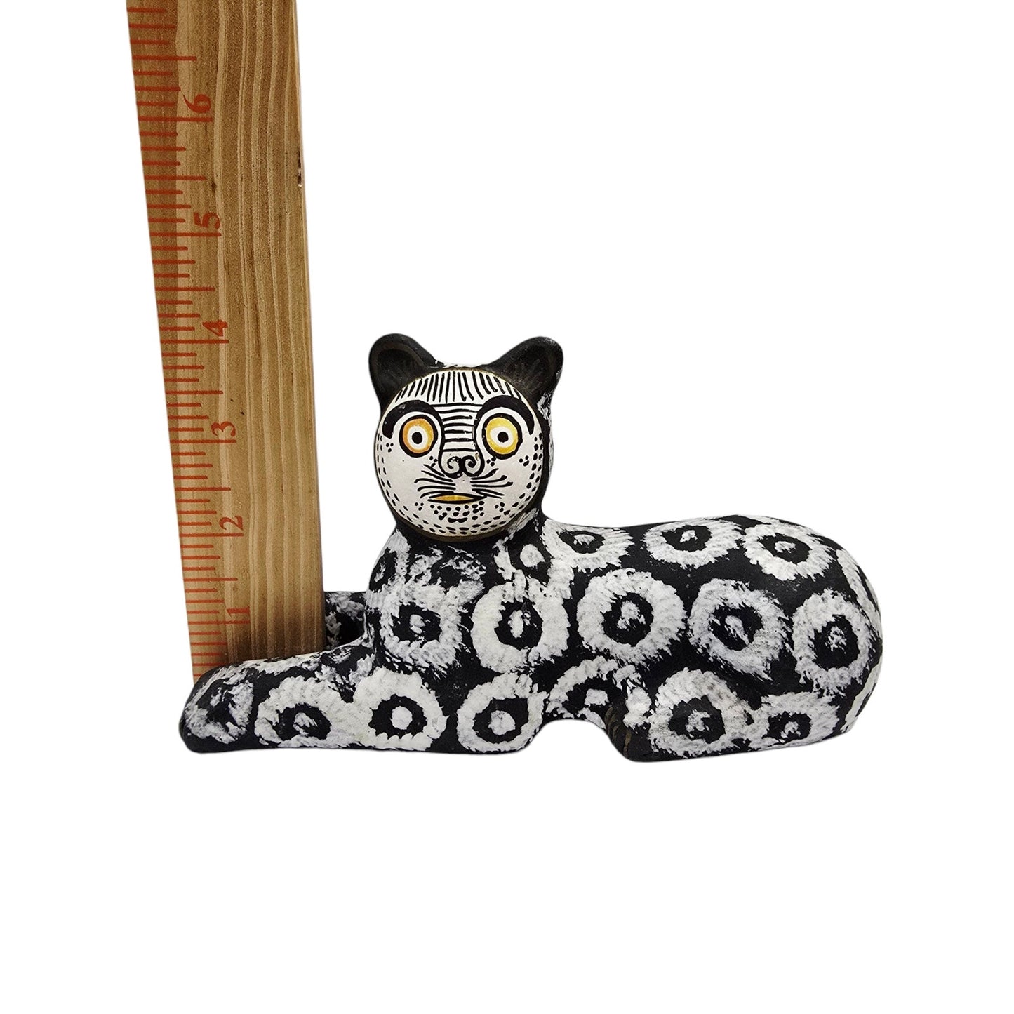 Folk Art Black White Kitsch Cat Figurine Hand Painted Clay Pottery Animal Decor