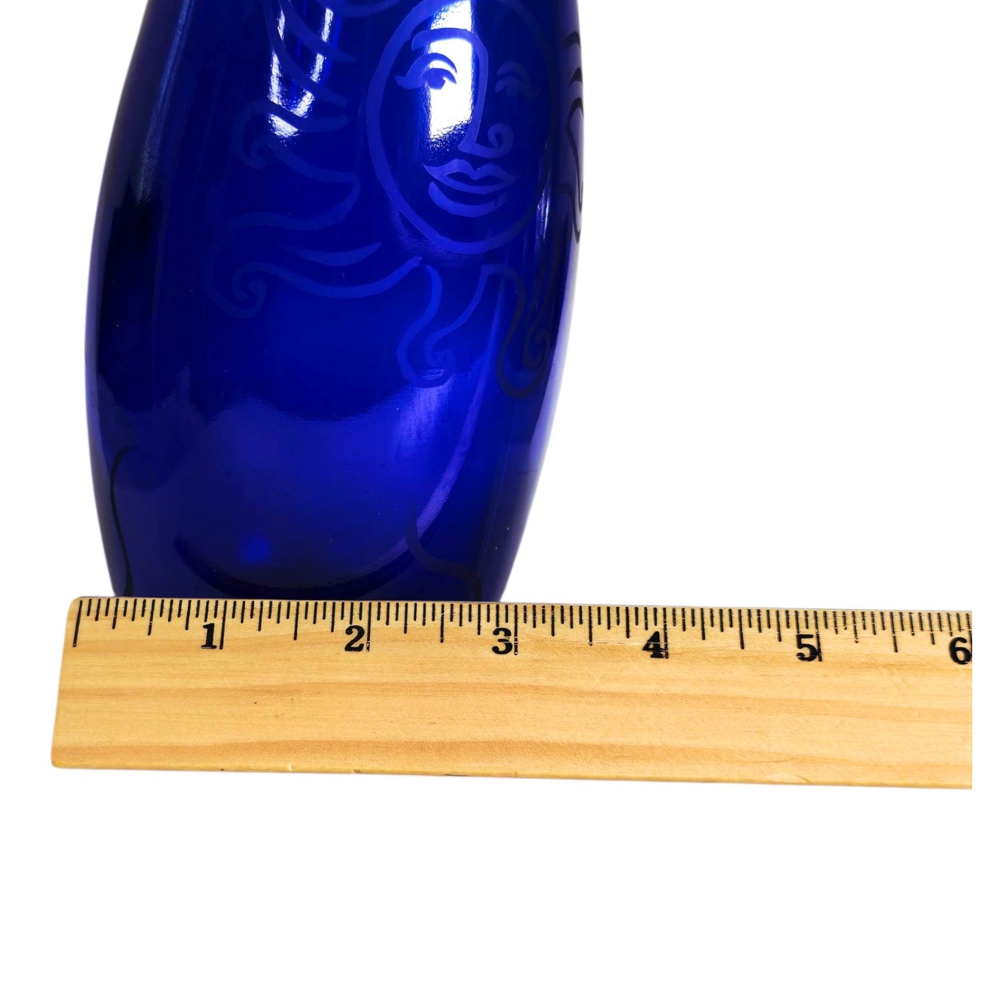 Vtg Decorative Cobalt Blue Glass Bottle with Sun / Sunburst Etching Curved Neck