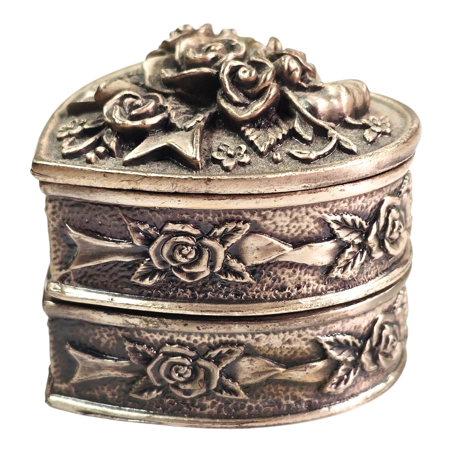 3-Pc Heart Stacked Pewter Trinket Box with Roses and Floral Motif, Signed