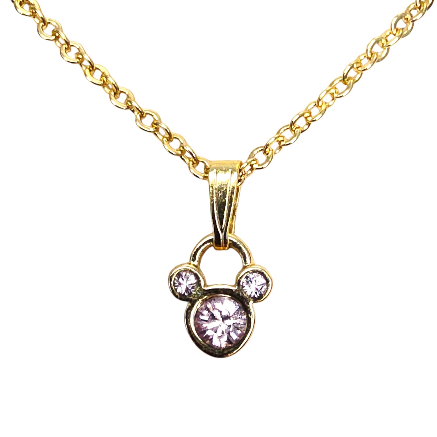 * Disney CZ Mickey Pendant Necklace Gold Tone with Pink CZ Marked Disney 16"