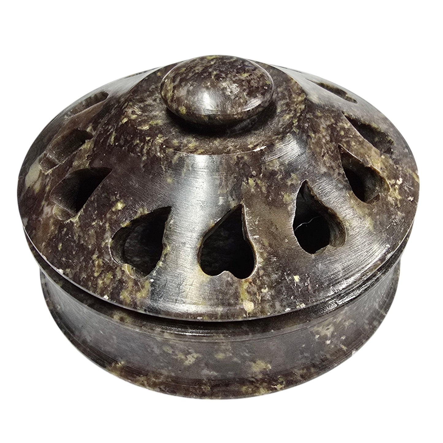 Carved Soapstone Lidded Incense Burner with Hearts Cutouts, Made in India