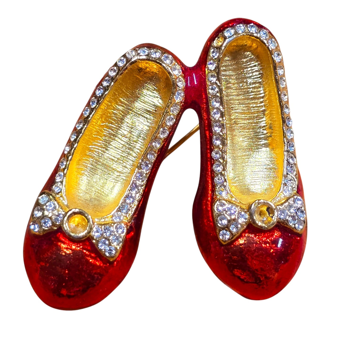 AS IS Ruby Slippers Red Enamel Rhinestone Accents Bow Red Shoes Pin Brooch Jewelry