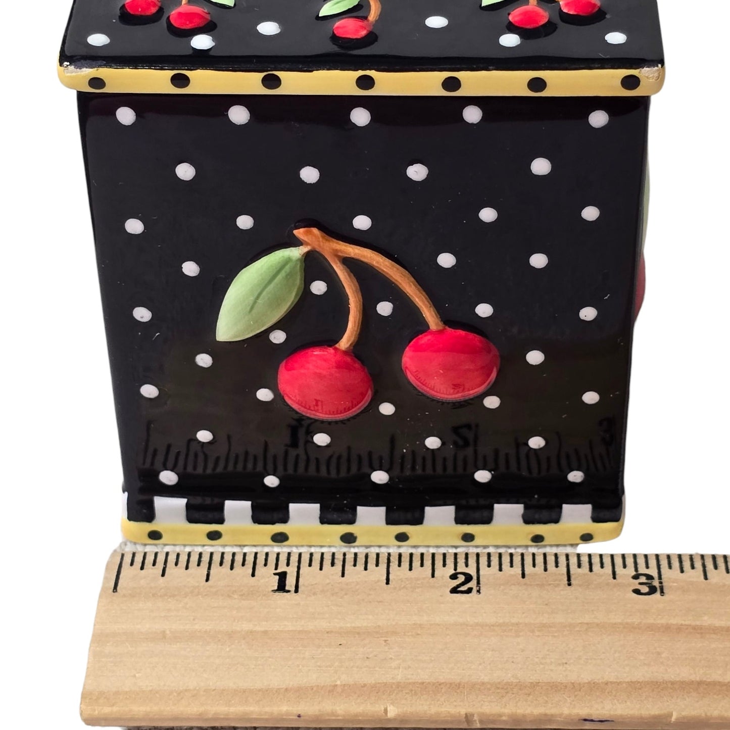 Vintage 2002 Rare Mary Engelbreit Small Cherries Ceramic Candy Box With Nob Top