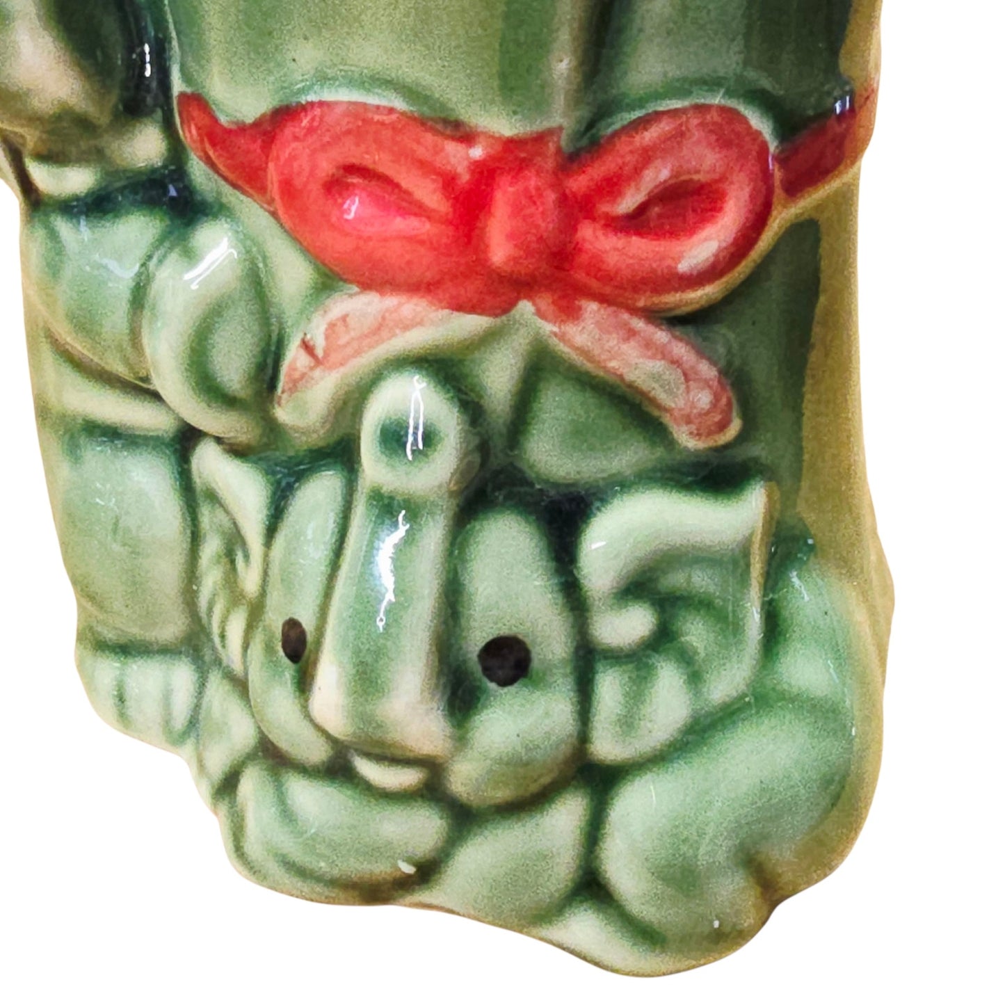 Vintage Green Elephant Ceramic Planter Rolled Scroll Design with Red Bow 5"