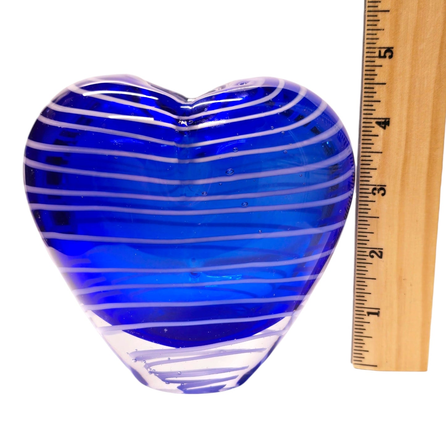 Hand Blown Art Glass Heart Shaped Vase with Blue White Stripes