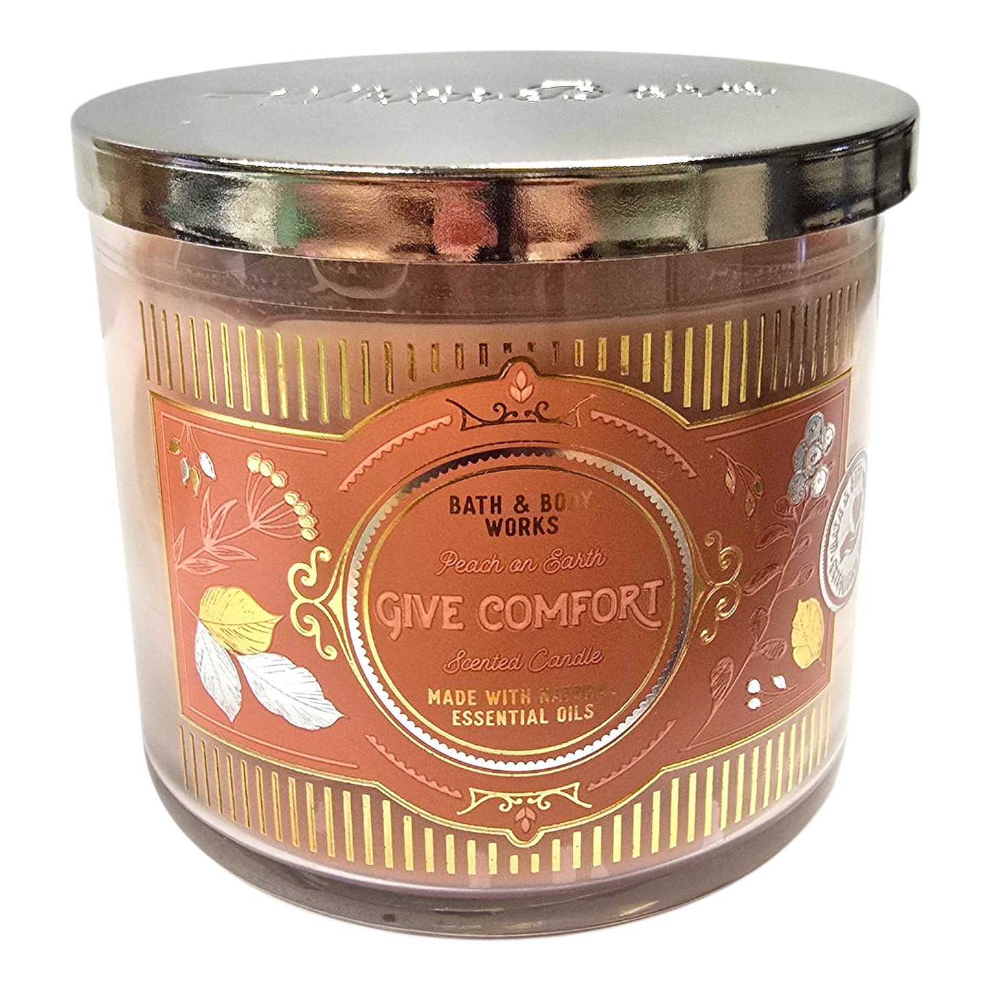 Bath & Body Works Gold Pedestal Maple Leaf Candle Holder + Peach on Earth Candle