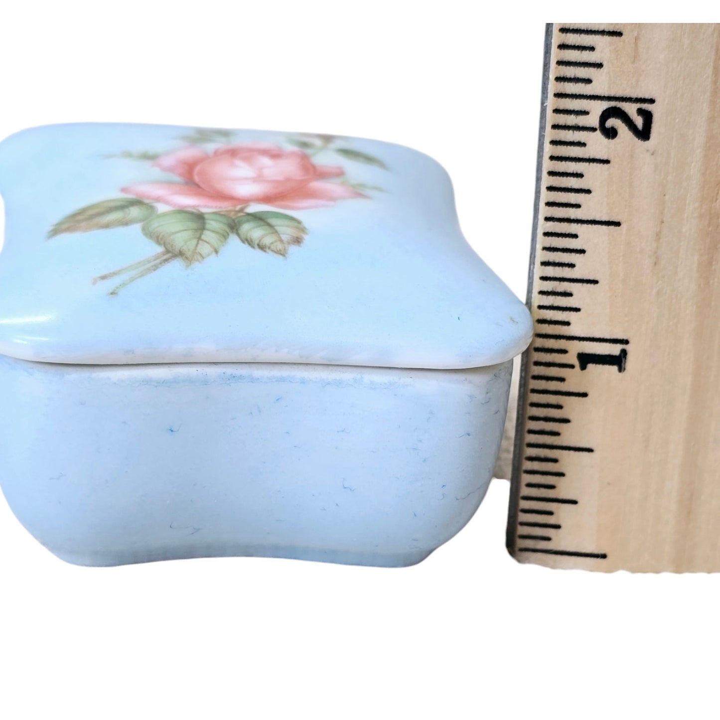 * 1960's Signed Beautiful Rose in Bloom Blue Porcelain Vintage Trinket Box