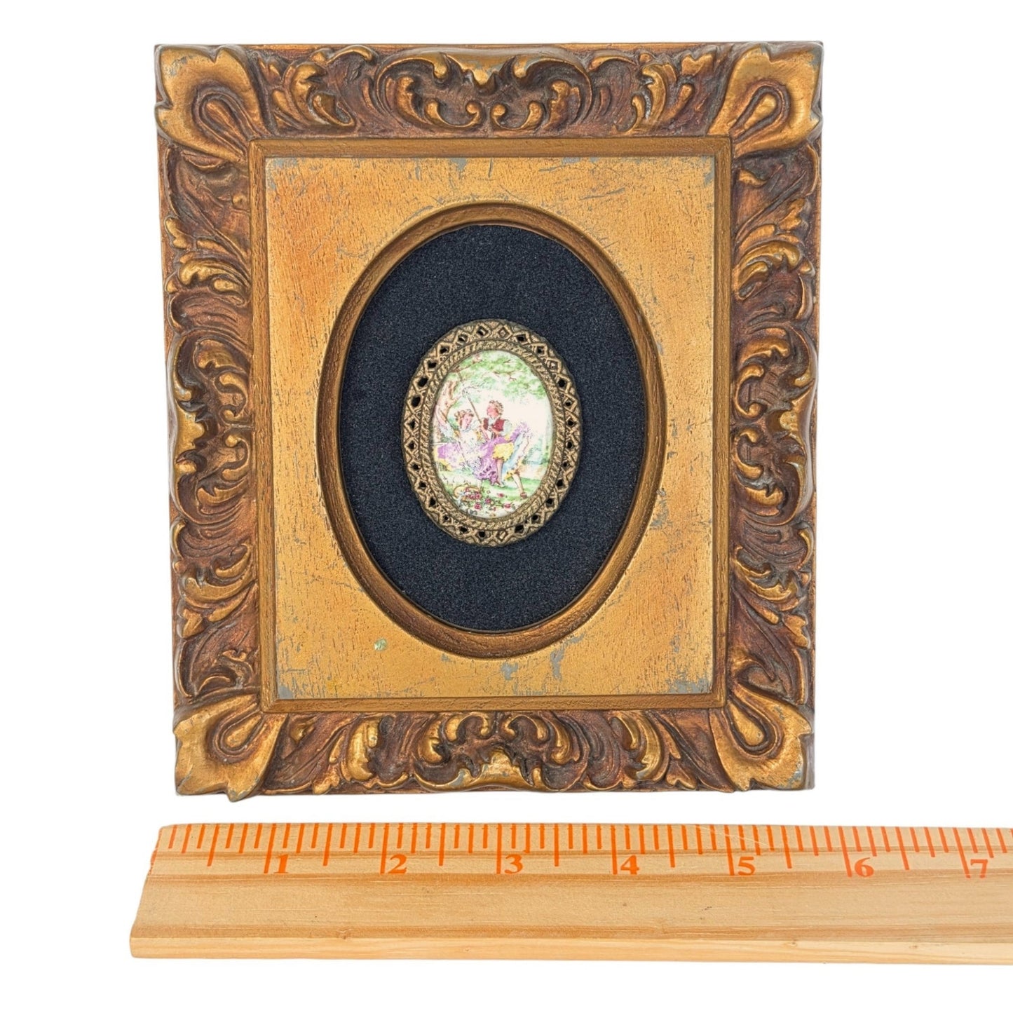 Vintage Courting Couple Miniature Portrait Plaque Ornate Frame Made in USA