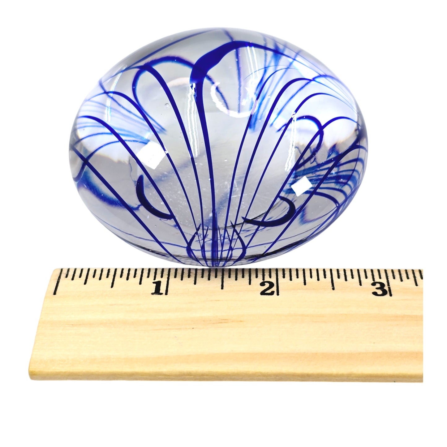 Hand-Blown Art Glass Paperweight, Cobalt Blue Swirl Design, 3" D x 1.25" H