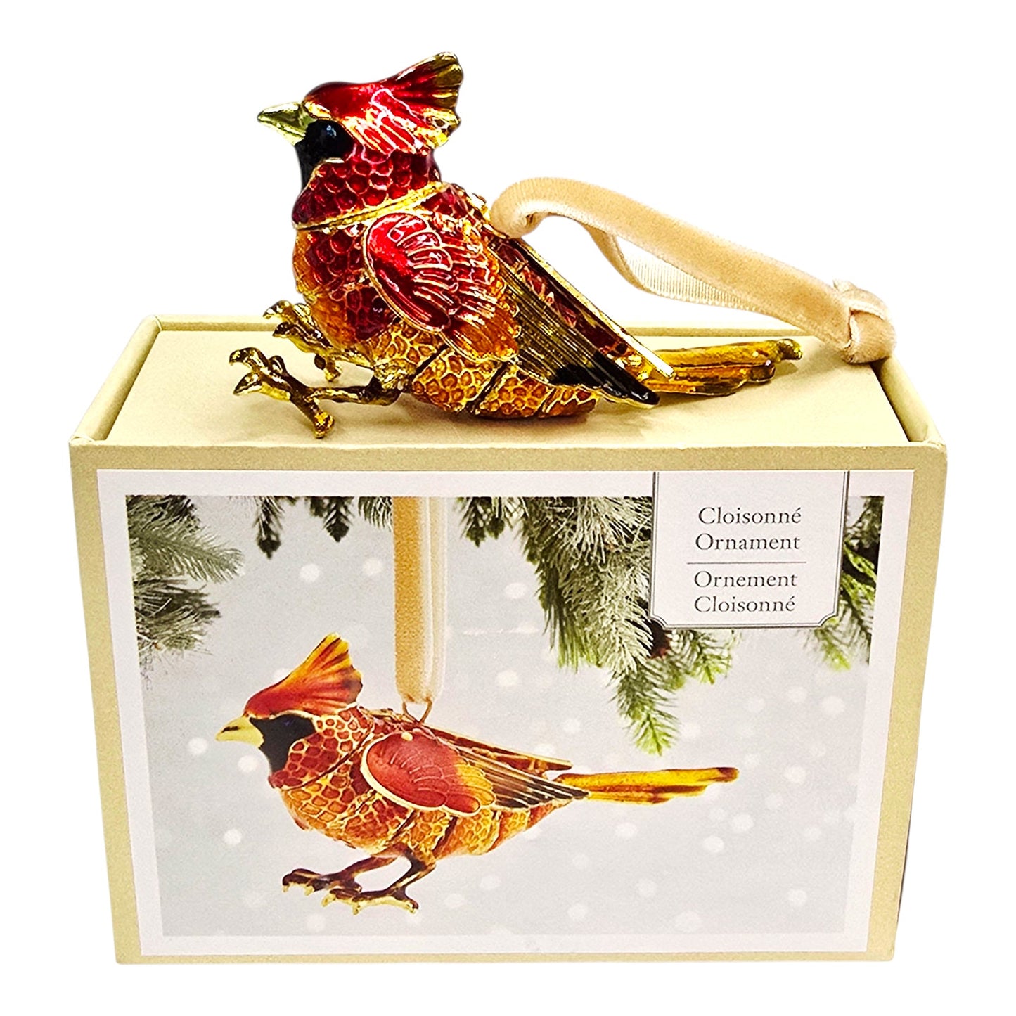 Vtg Pier 1 Cloisonné Cardinal Bird Ornament Red Gold Enamel Holiday Boxed