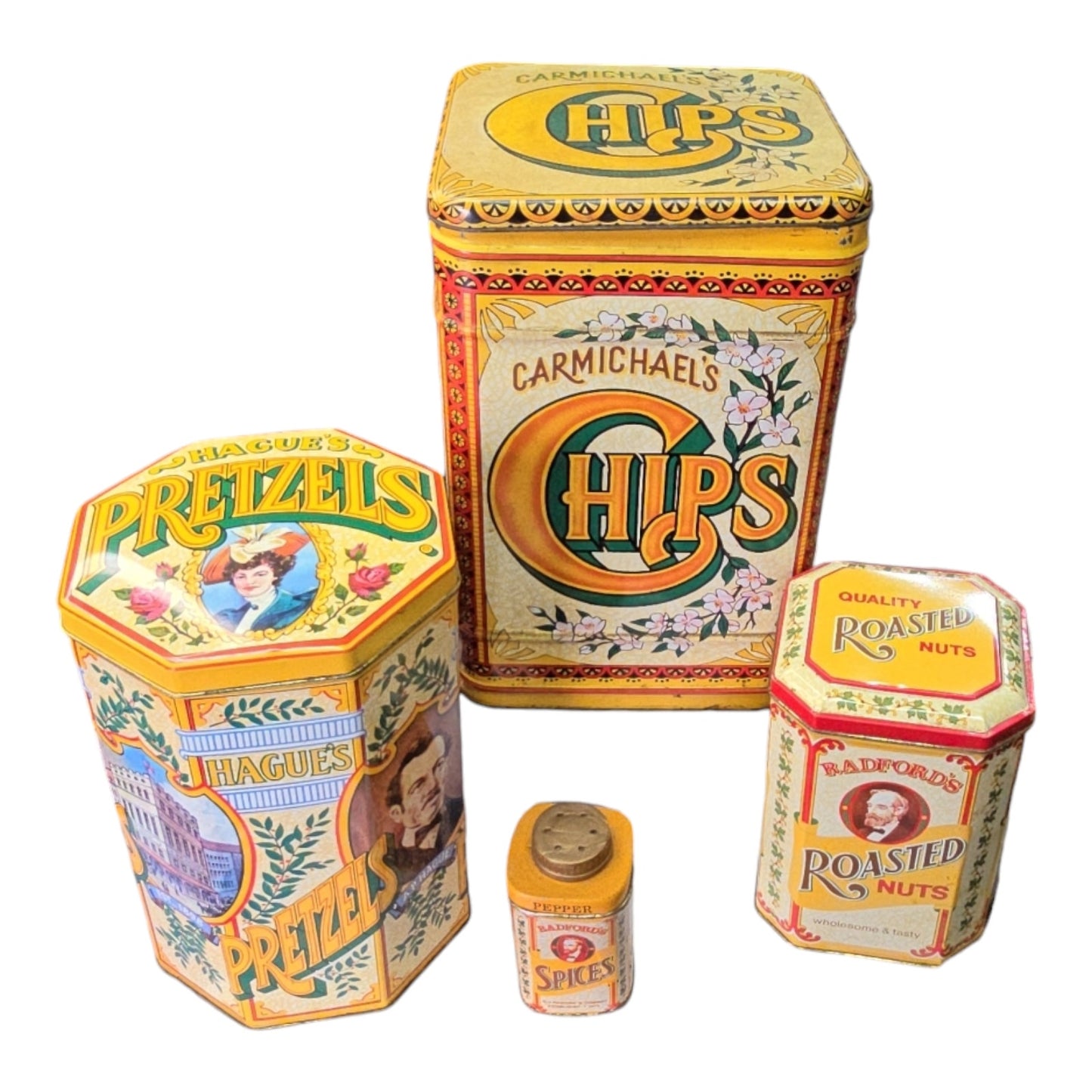4 pc Vintage Nesting Tin Cannisters, Carmichael's Chips, Hague's Pretzels, Radford's Roasted Nuts and Radford's Spice Jar