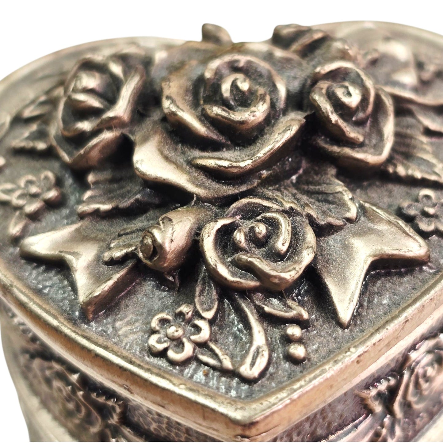 3-Pc Heart Stacked Pewter Trinket Box with Roses and Floral Motif, Signed