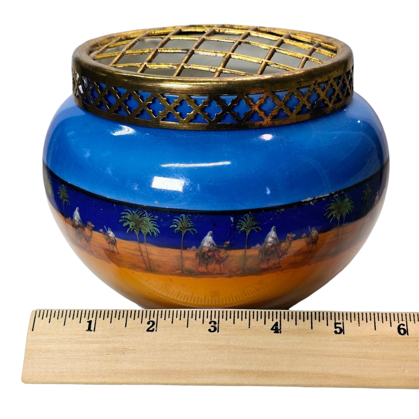 Egyptian Revival Pottery Rose Bowl Flower Frog, Camel Desert Theme