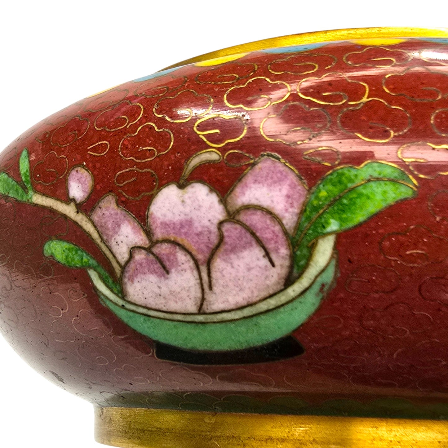 Vtg Chinese Cloisonne Lidded Bowl Red Enamel Lotus Floral Brass Vanity Dish