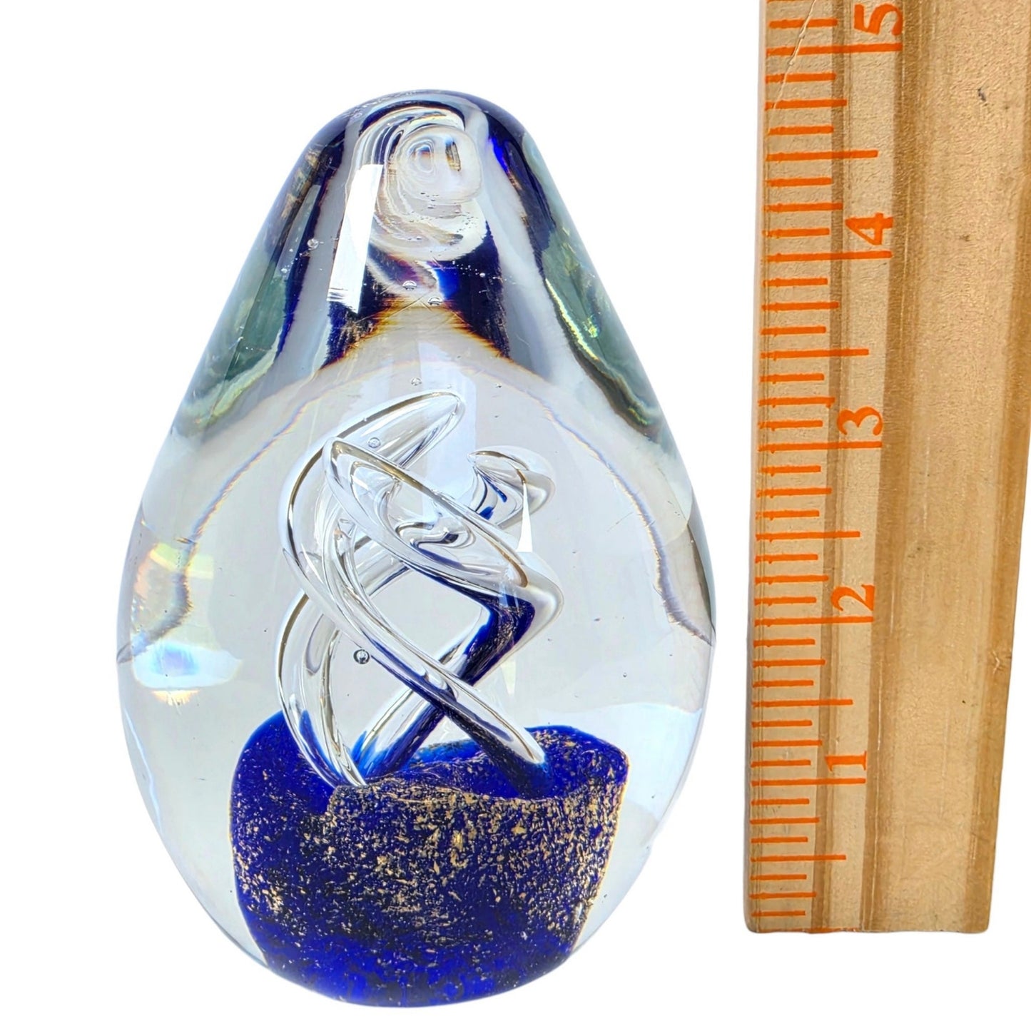 (Reserved for Customer) Vintage Art Glass Egg Paperweight Royal Blue Gold Fleck Aventurine Helix Swirl