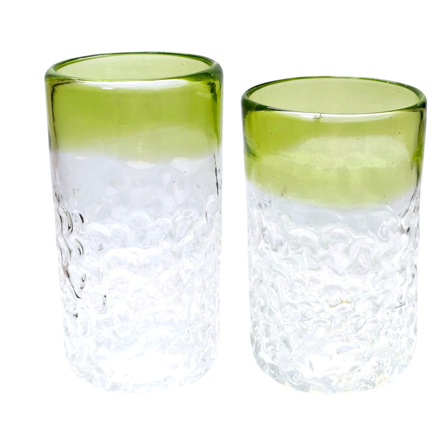 Set of 2 Hand Blown Textured Glassed Tumblers with Green Trim