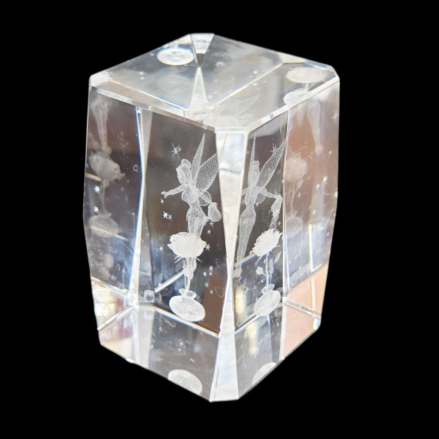 Disney Tinkerbell 3D Crystal Glass Cube Paperweight, Watering Flower Water Can