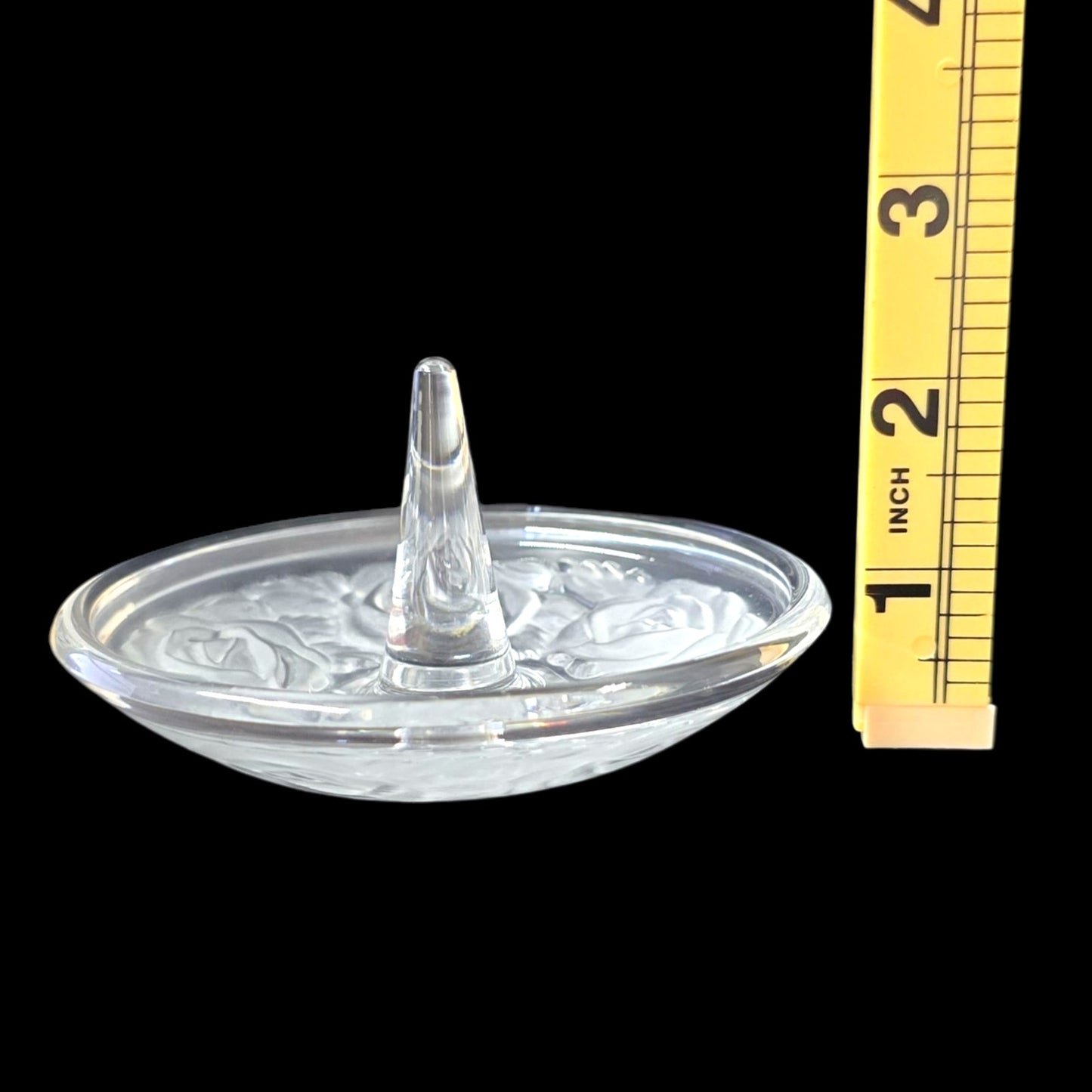 Vintage Clear Glass Ring Holder Dish with Frosted Rose Design Jewelry Tray