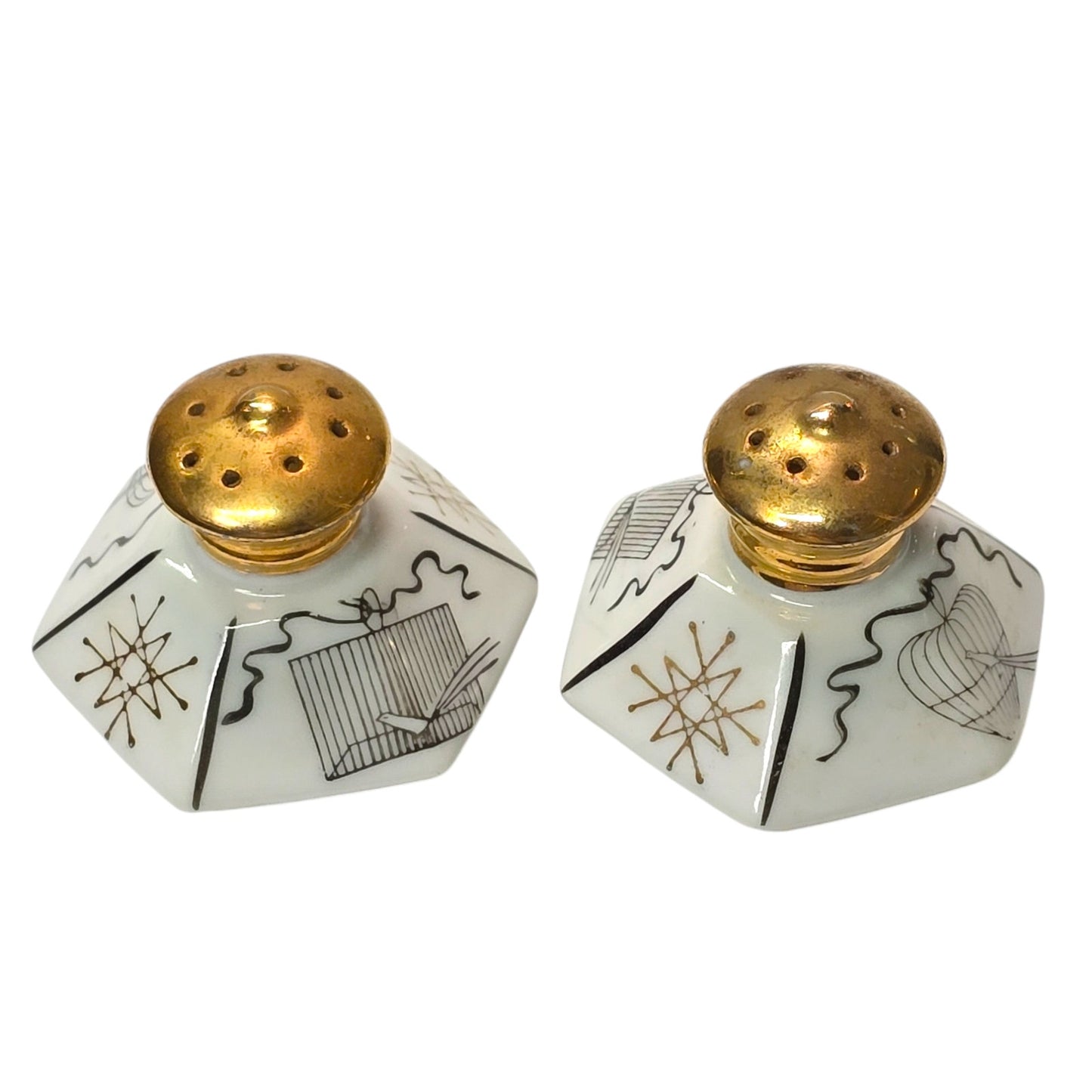 Vintage PAC Japan MCM Geometric Birdcage Design Salt Pepper Shakers, 1950s Retro Atomic
