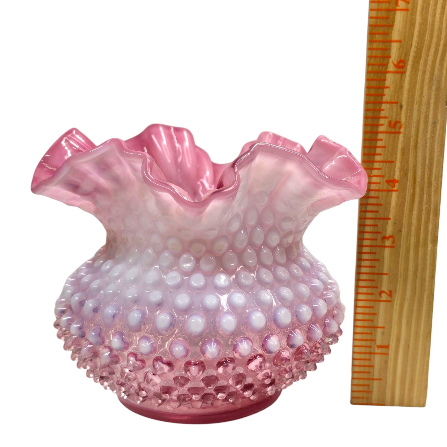 AS IS Fenton Cranberry Rose Opalescent Hobnail Ruffled Vase Uranium Reactive