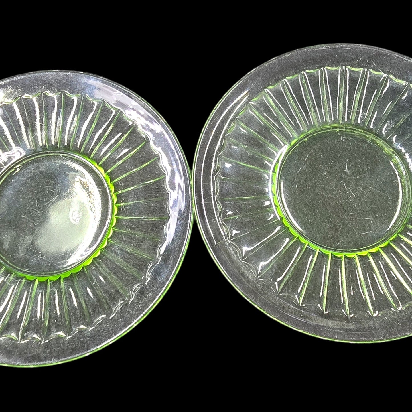 Set of 2 Vintage Uranium Glass Dessert Plates Optic Green 6"