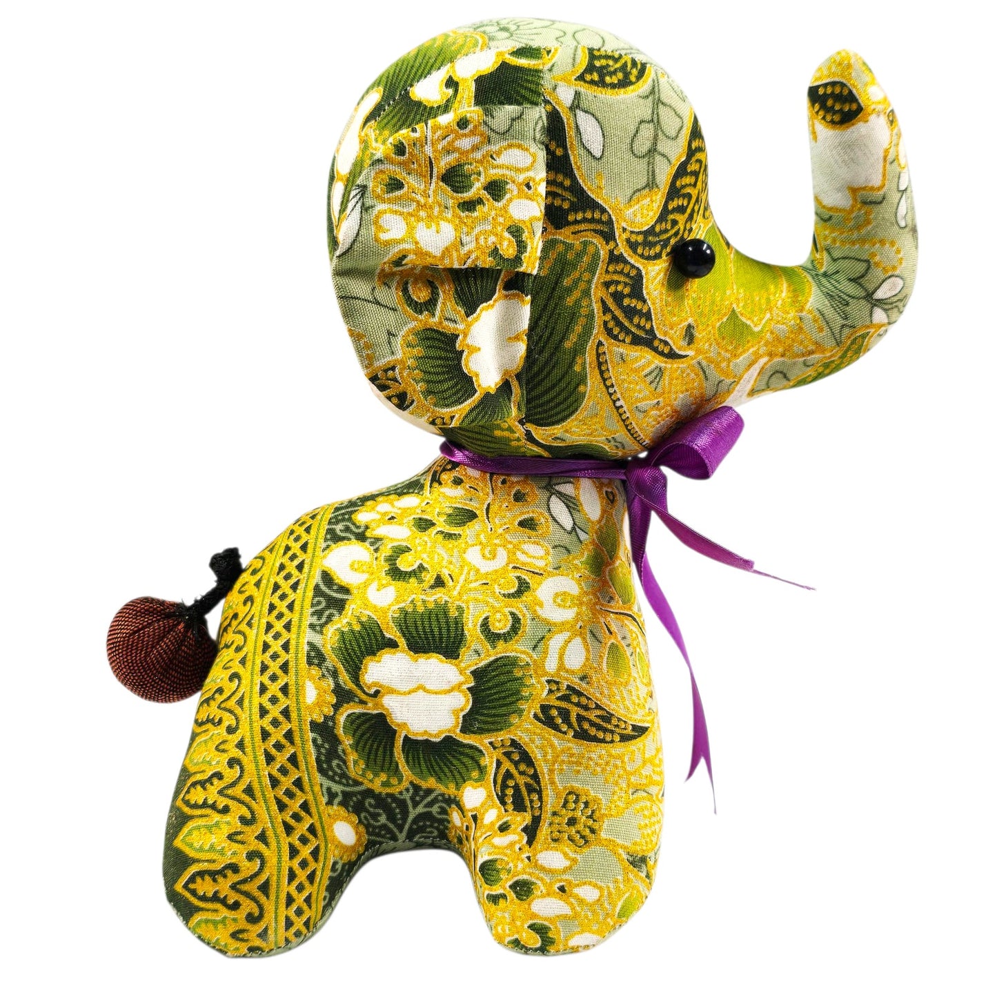 Thai Elephant Doll Handmade Stuffed Toy Green & Yellow Fabric Purple Ribbon