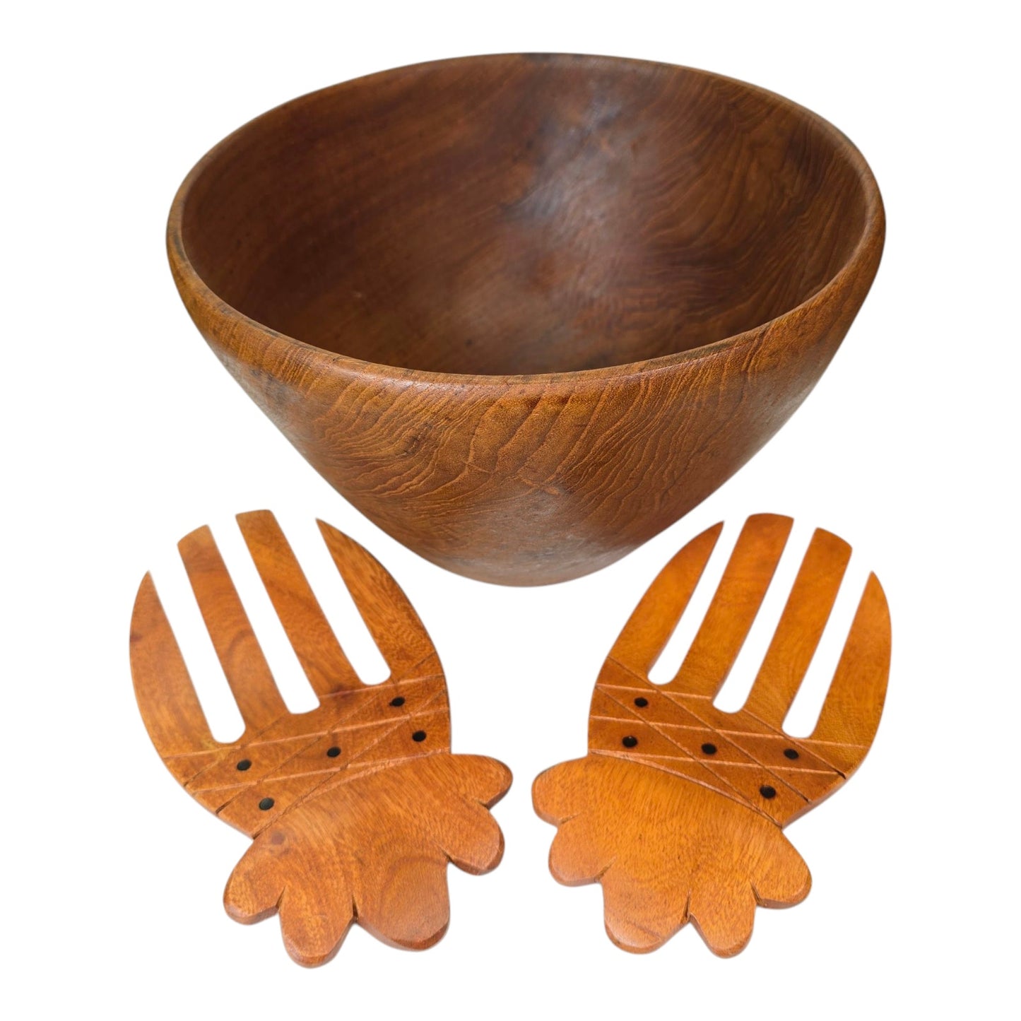 3 Pc Vintage Wooden Salad Bowl with Tongs marked Kamani Woods