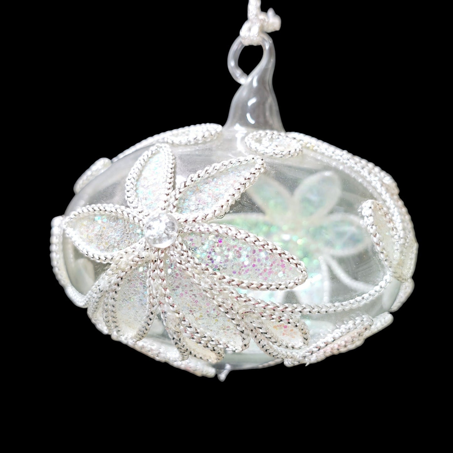 Glass Embellished Ornament, White Iridescent Floral Trim