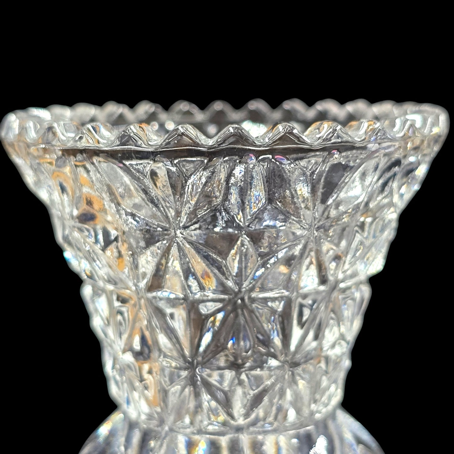 Vtg Crystal Toothpick Holder Bud Bulb Base Flared Top Pressed Glass Sawtooth Rim