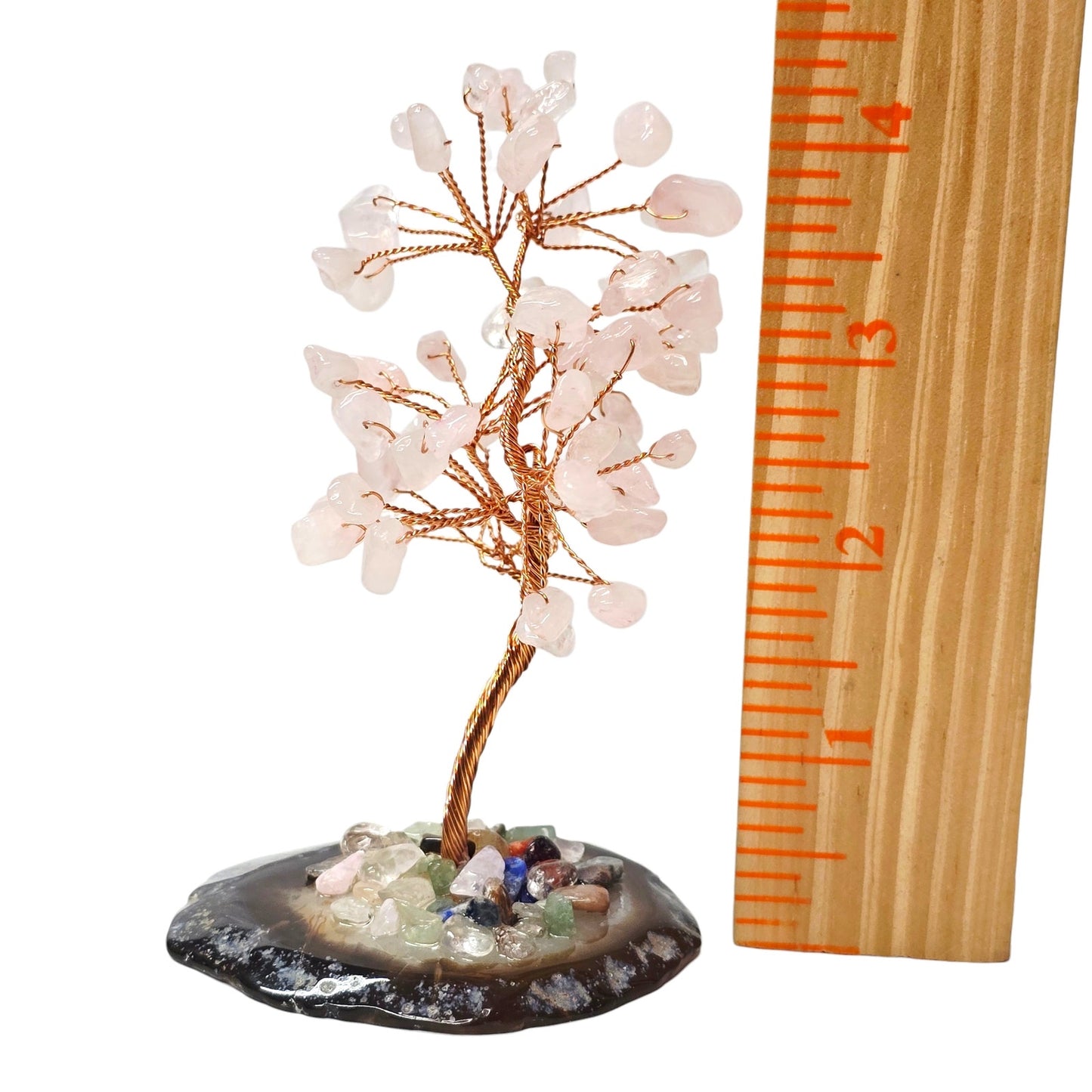 Rose Quartz Wire Tree Crystal Gemstone Bonsai Sculpture Agate Base Decor