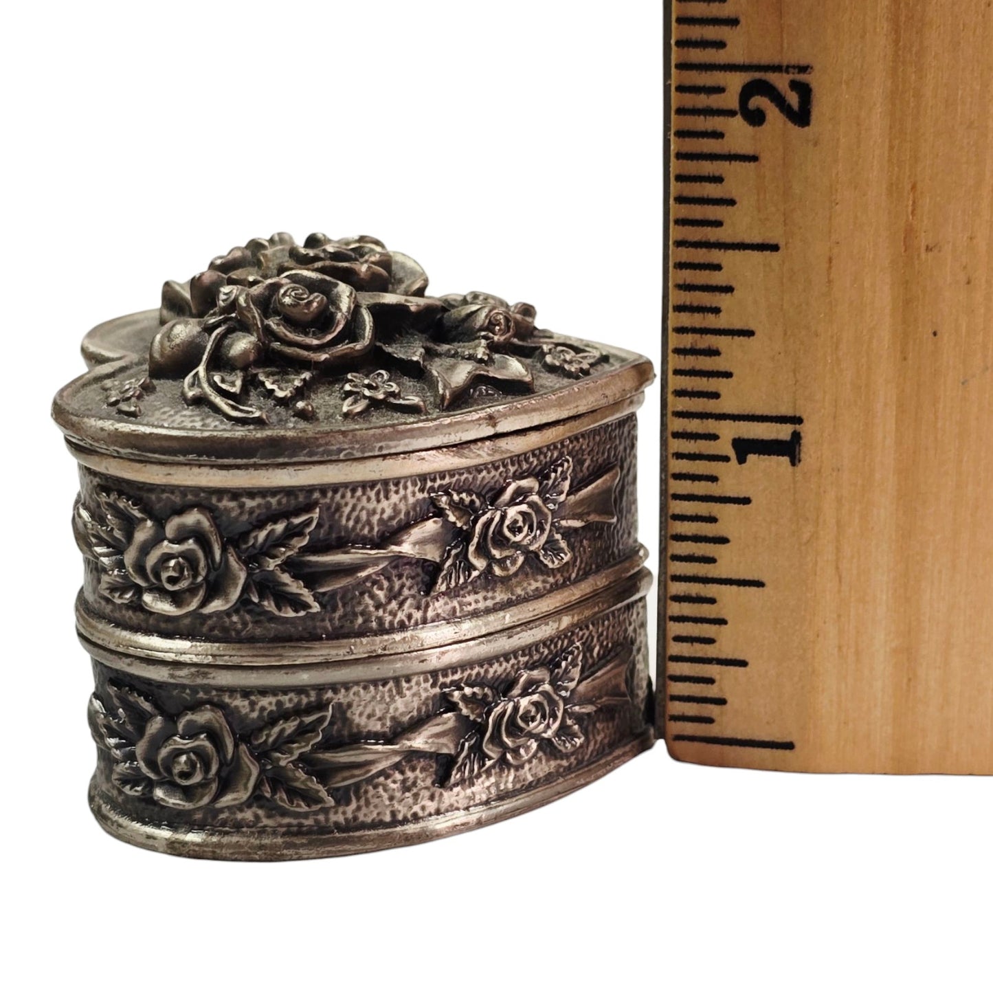 3-Pc Heart Stacked Pewter Trinket Box with Roses and Floral Motif, Signed
