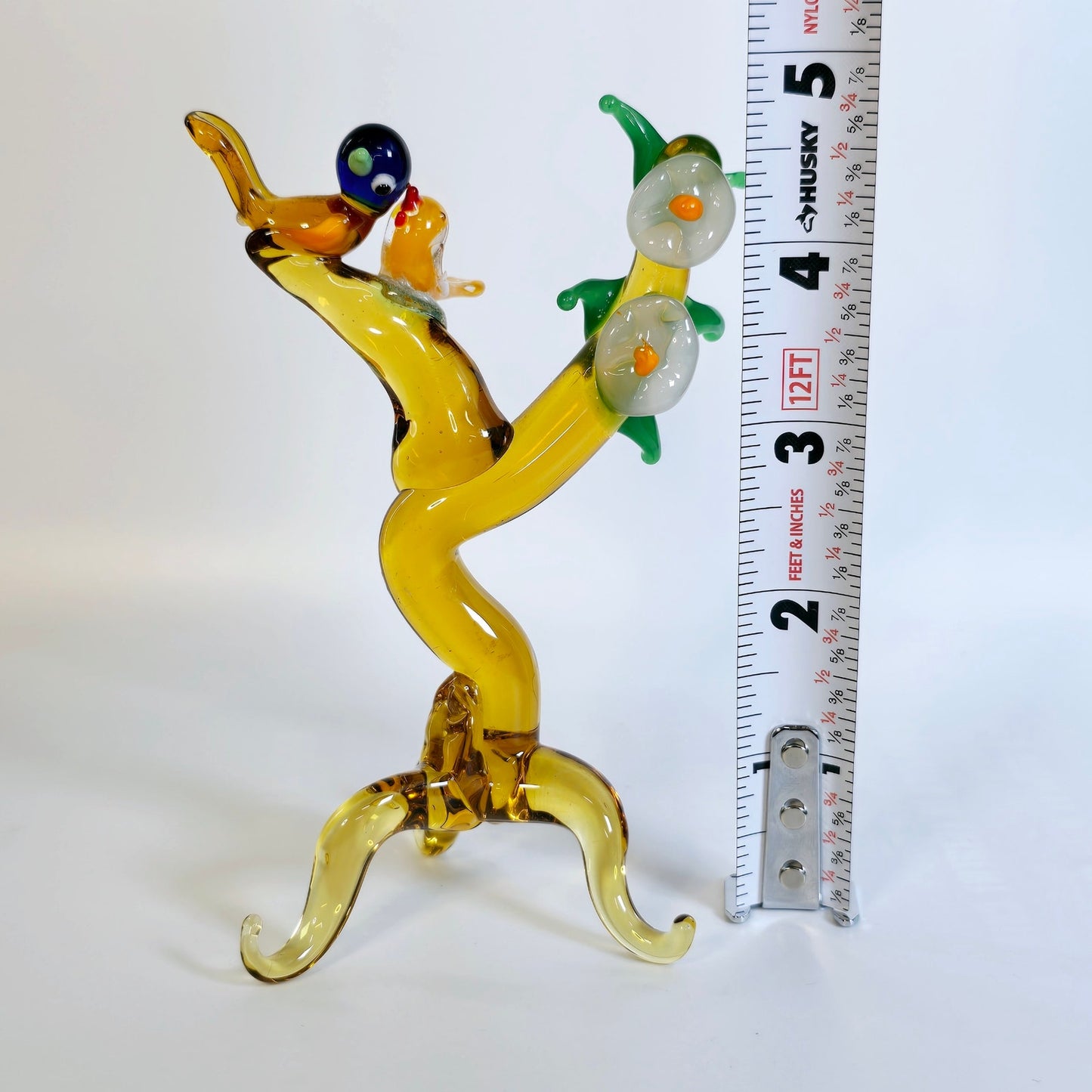 Handblown Art Glass Tree with 2 Glass Birds, Blue and Orange, Stretched Glass Birds in Tree