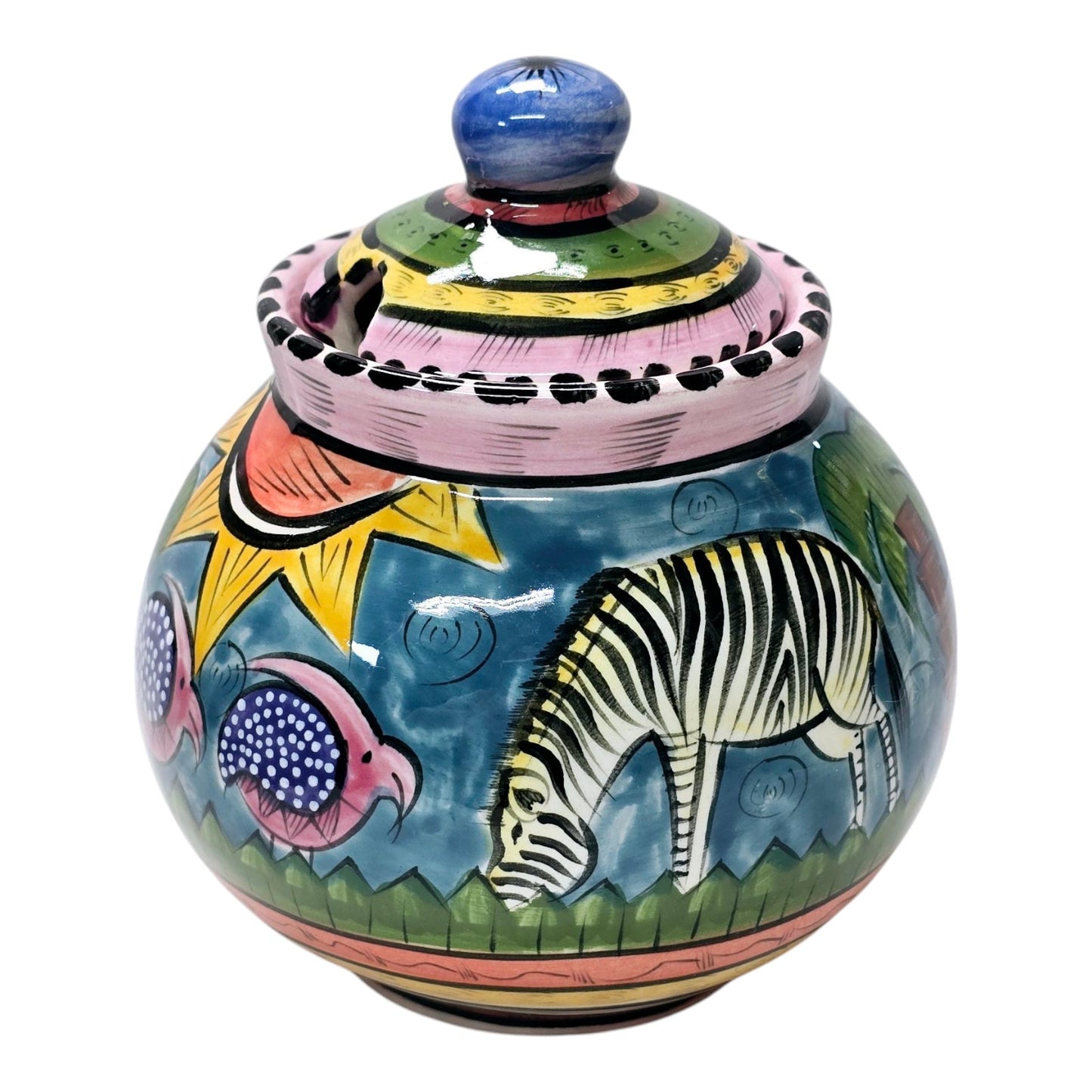 Vtg Penzo Pottery Zimbabwe Signed Hand Painted Lidded Sugar Dish African Safari
