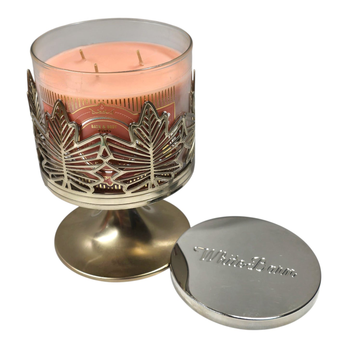 Bath & Body Works Gold Pedestal Maple Leaf Candle Holder + Peach on Earth Candle