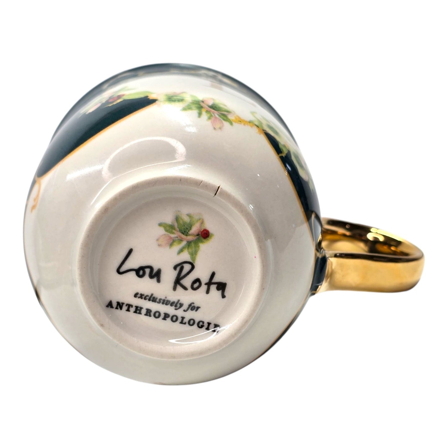 Anthropologie L Mug Monogram Leopard Lou Rota Floral Cup Gold Handle Boho-chic