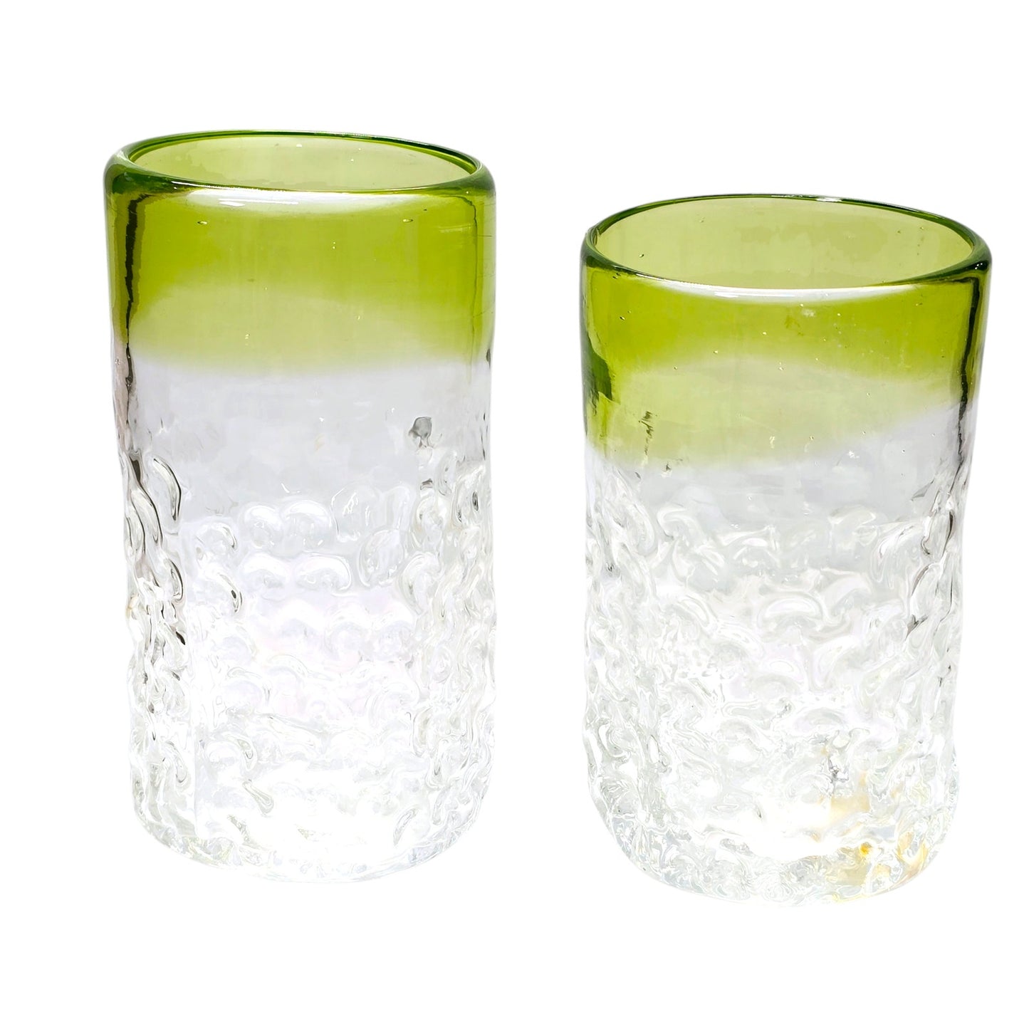 Set of 2 Hand Blown Textured Glassed Tumblers with Green Trim