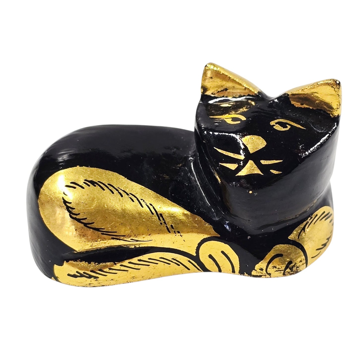 Handcrafted Black & Gold Lacquered Wooden Cat Figurine Gold Foil Accents 2"