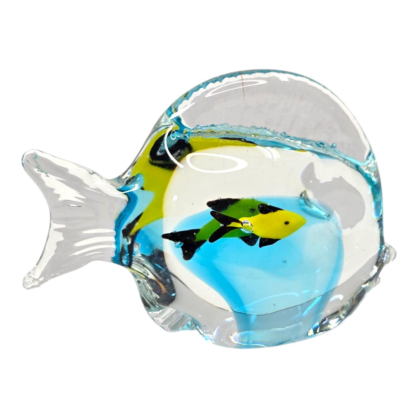 Vtg Art Glass Fish Paperweight Aqua Blue Interior Yellow Fish Aquarium Decor