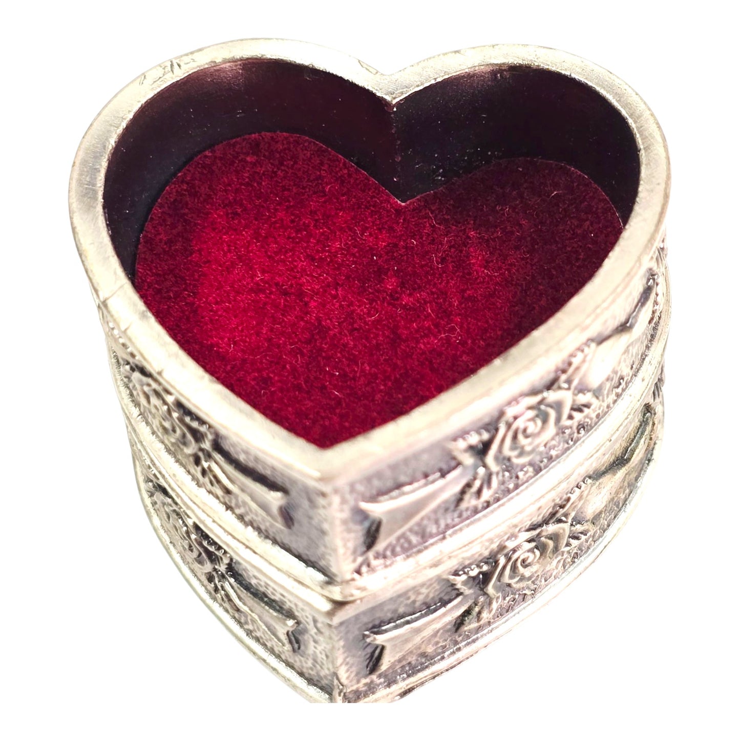 3-Pc Heart Stacked Pewter Trinket Box with Roses and Floral Motif, Signed