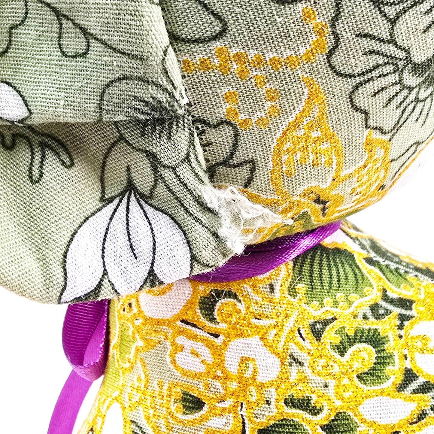 Thai Elephant Doll Handmade Stuffed Toy Green & Yellow Fabric Purple Ribbon AS IS