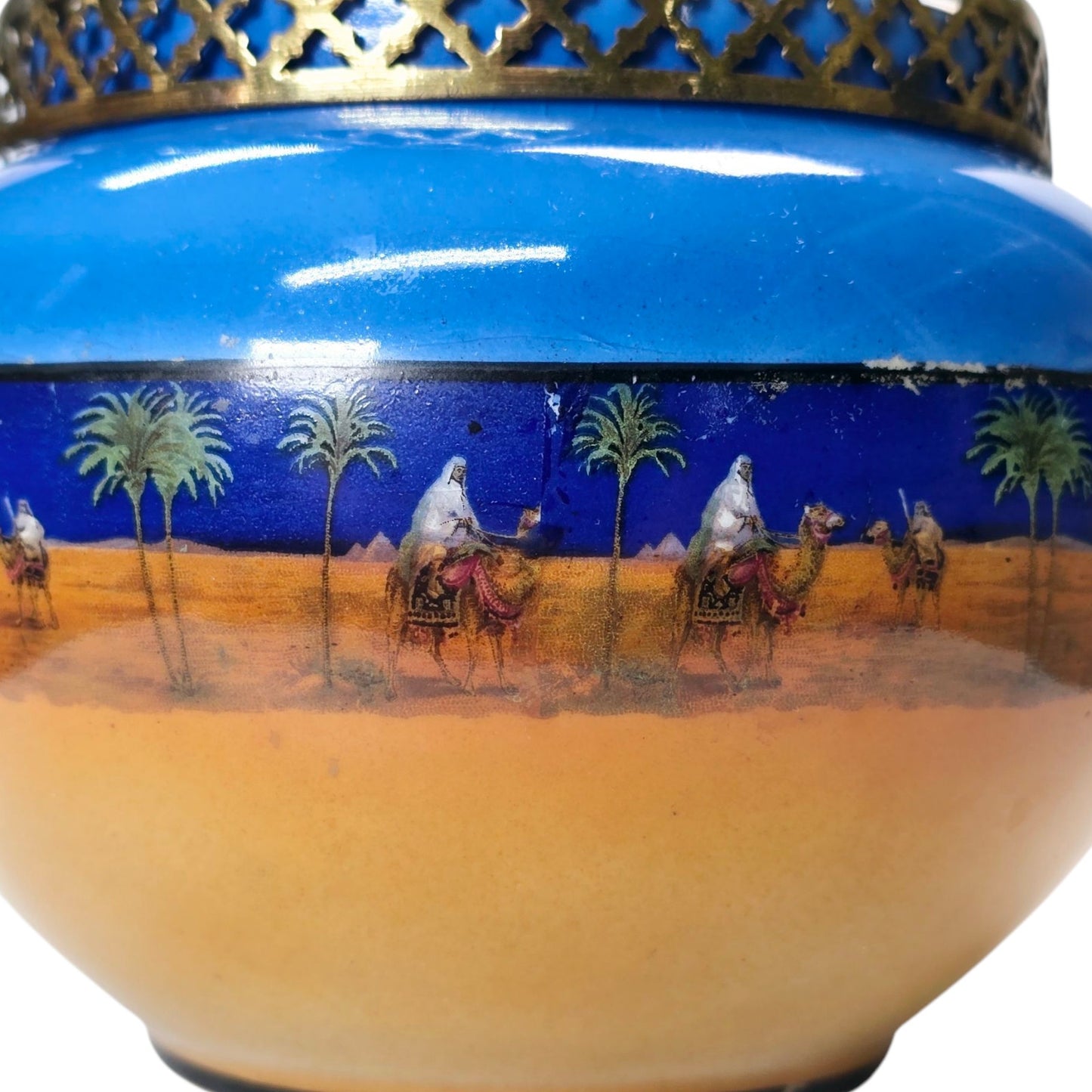 Egyptian Revival Pottery Rose Bowl Flower Frog, Camel Desert Theme