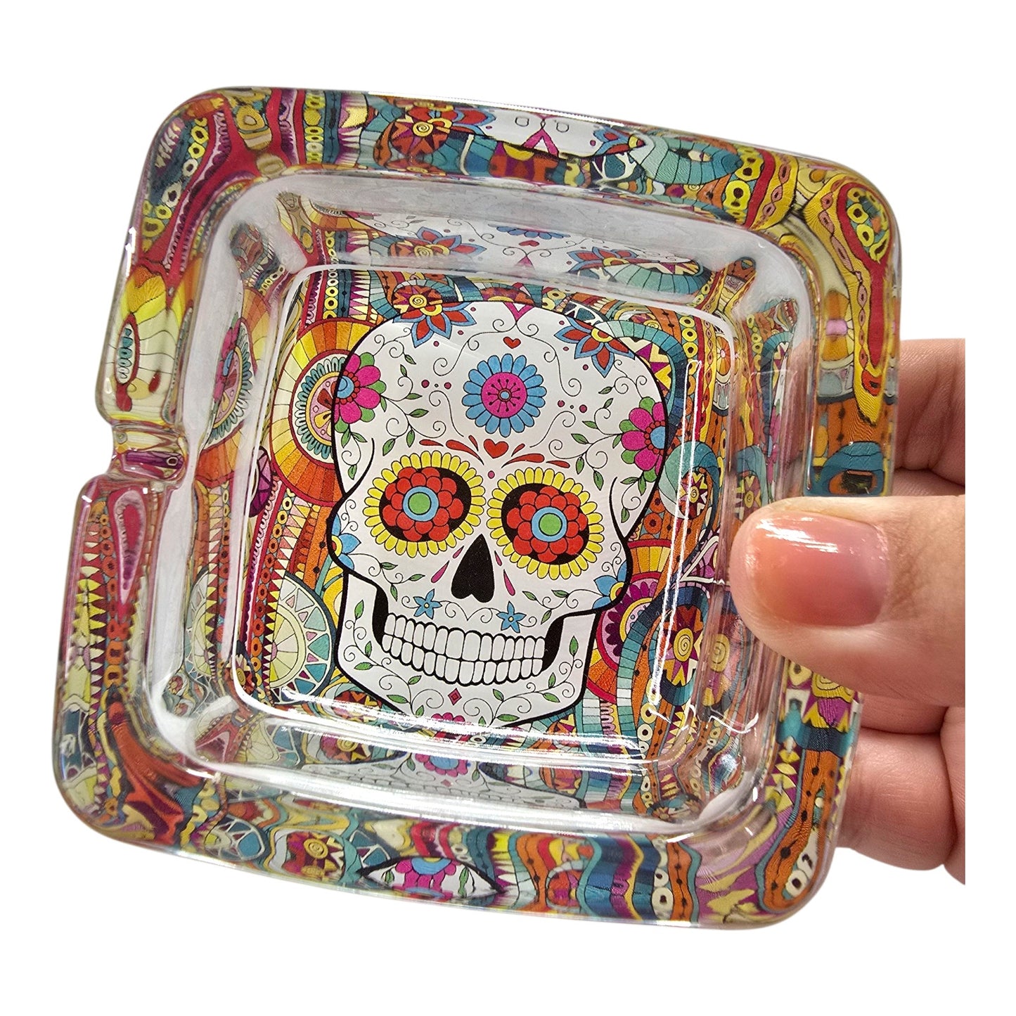 Day of the Dead Sugar Skull Heavy Glass Ashtray Trinket Dish Colorful 3"