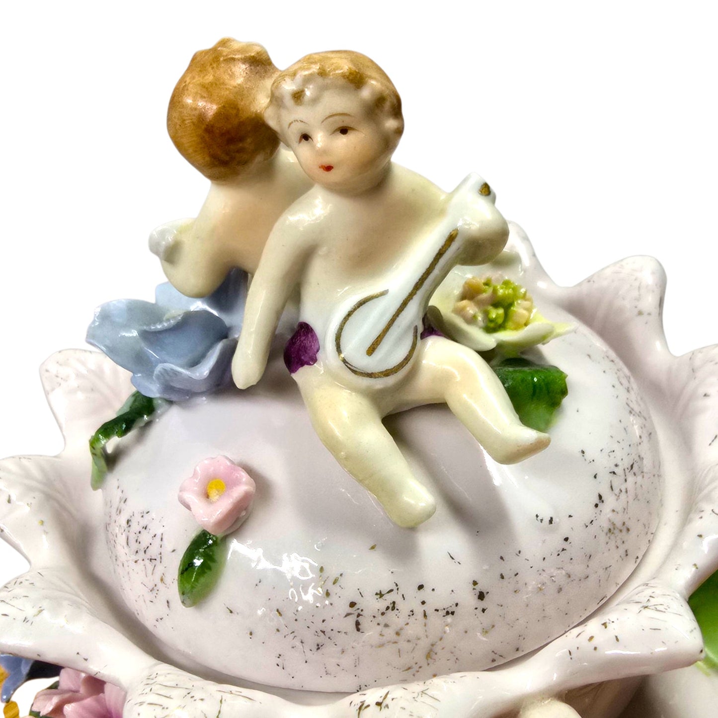 Vintage Capodimonte Style Porcelain Jar Cherub Lid Floral Applied Flowers Pink