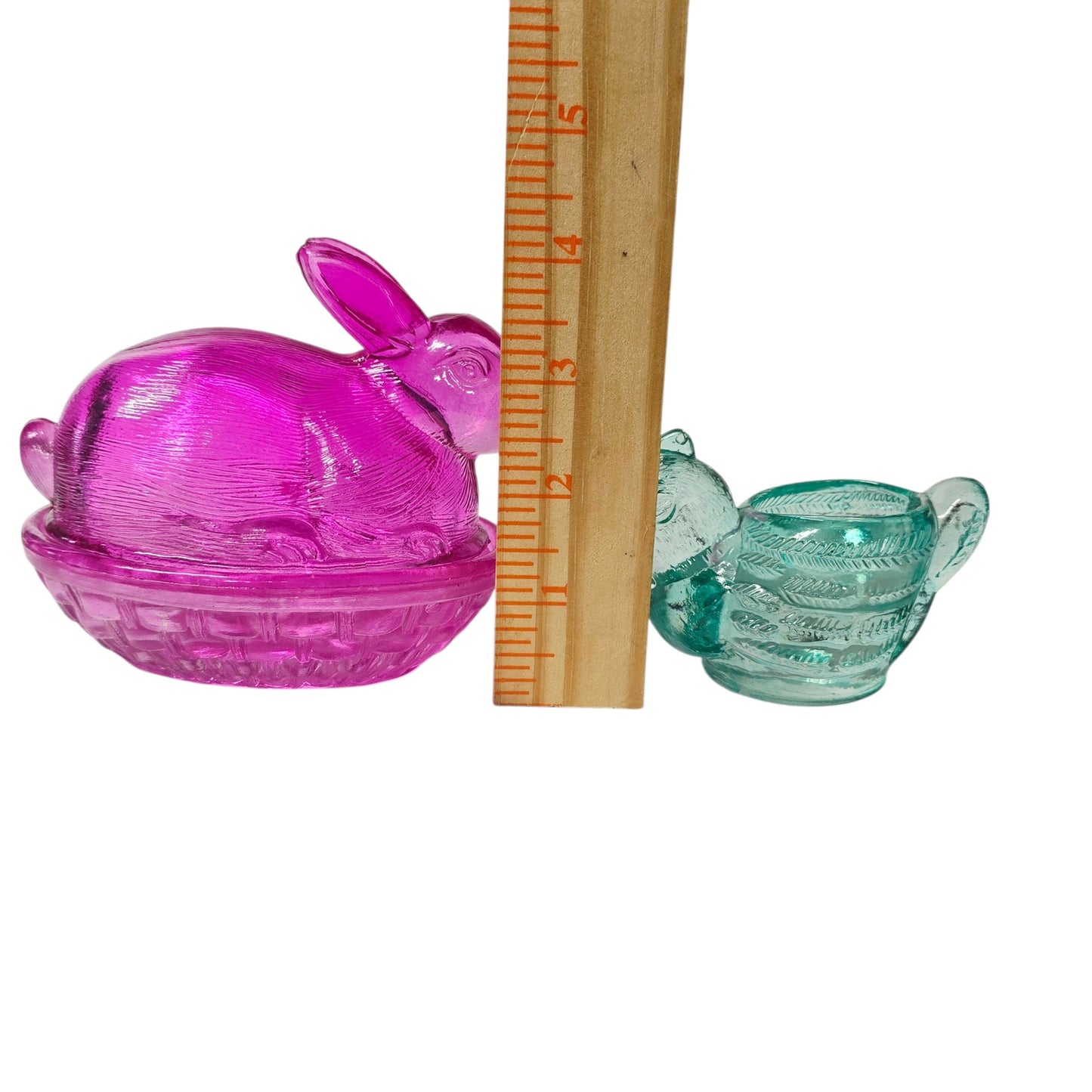 Fuchsia Pink Glass Bunny on Nest & Turquoise Blue Chicken Tealight Egg Holder