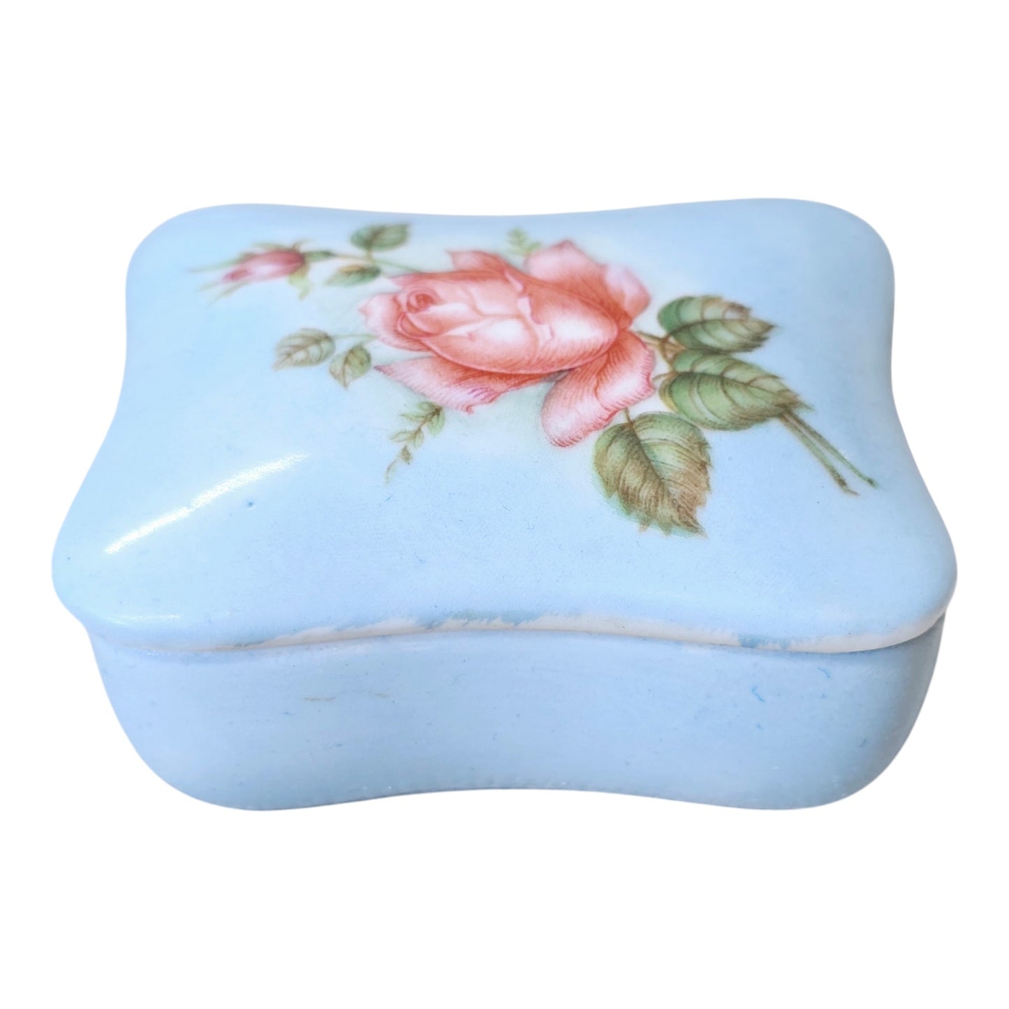 * 1960's Signed Beautiful Rose in Bloom Blue Porcelain Vintage Trinket Box