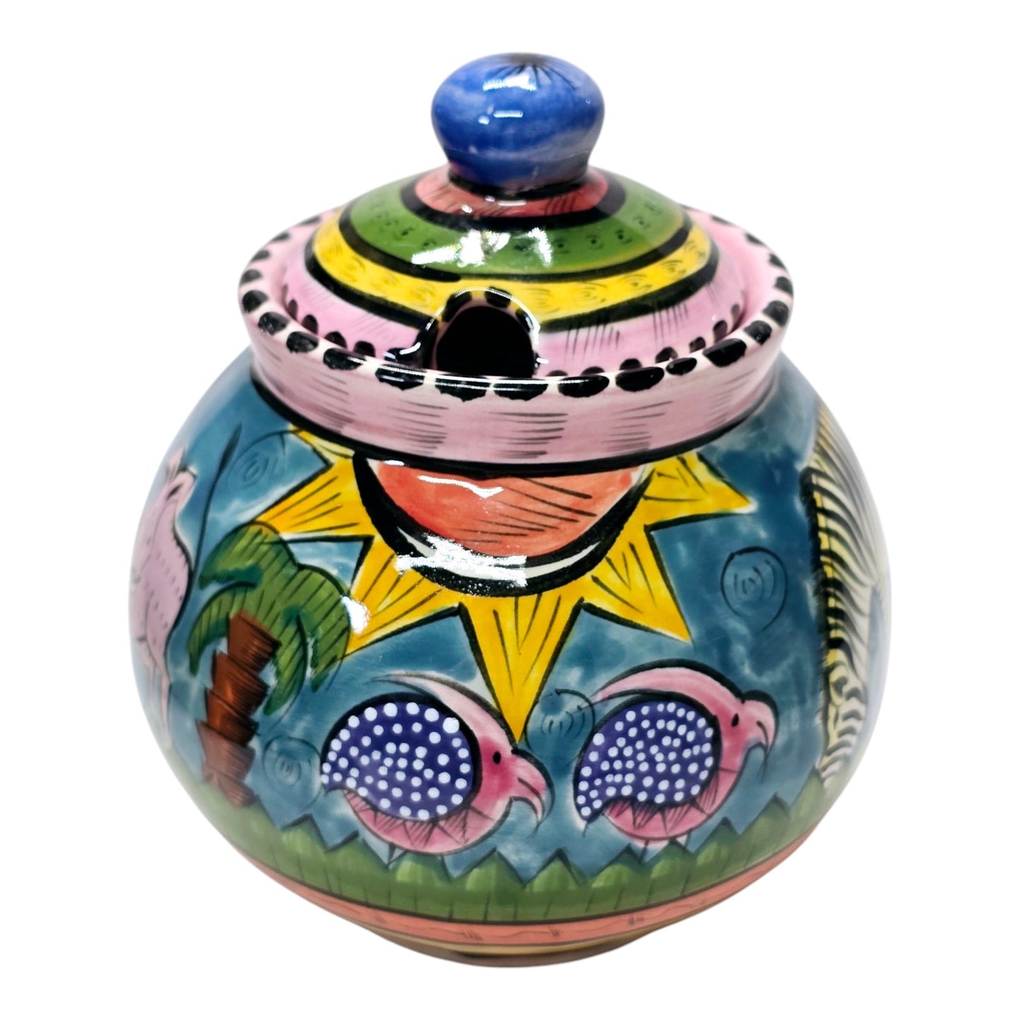 Vtg Penzo Pottery Zimbabwe Signed Hand Painted Lidded Sugar Dish African Safari