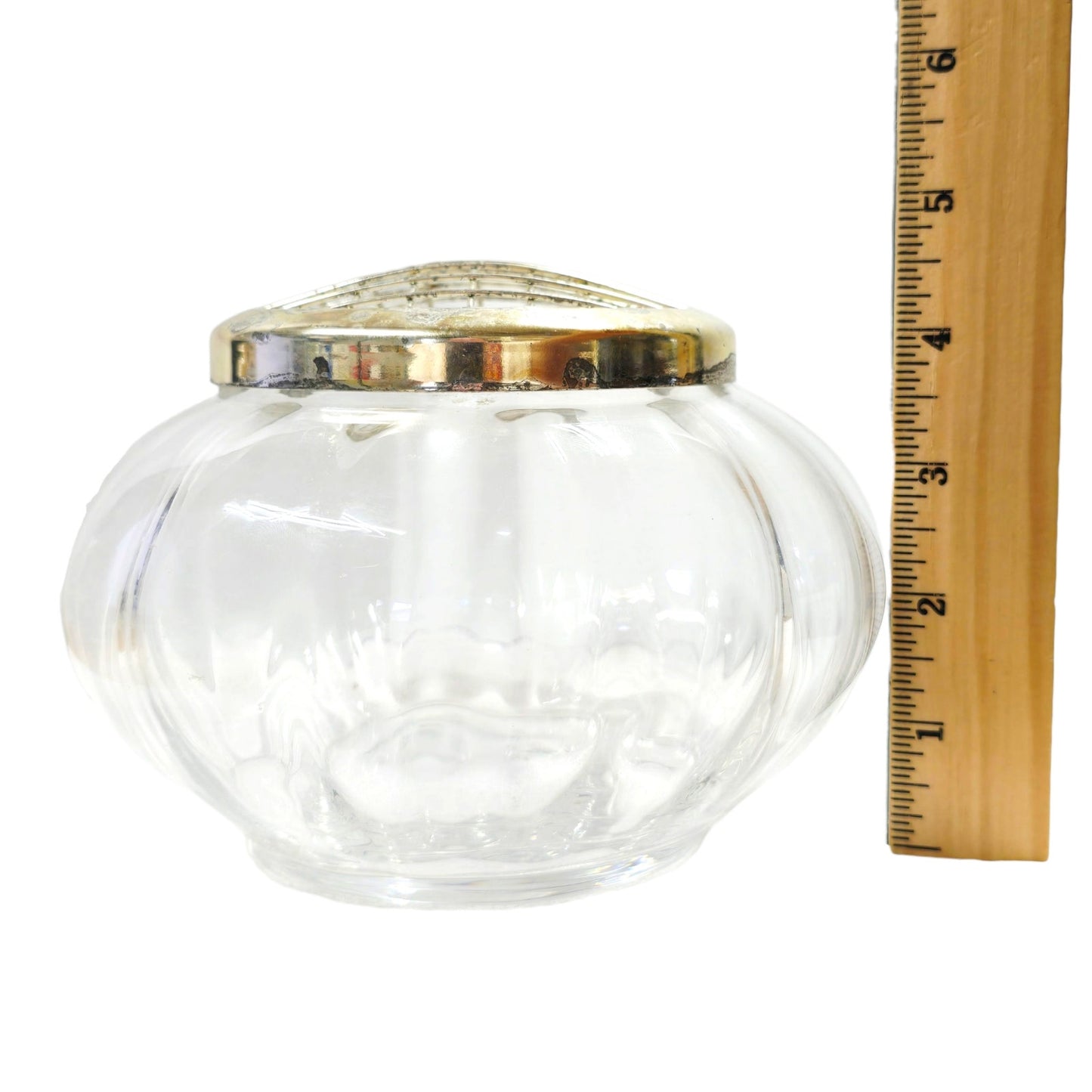 Vintage Pressed Glass Flower Frog Bowl, Rib Optic Pattern with Metal Grid Insert