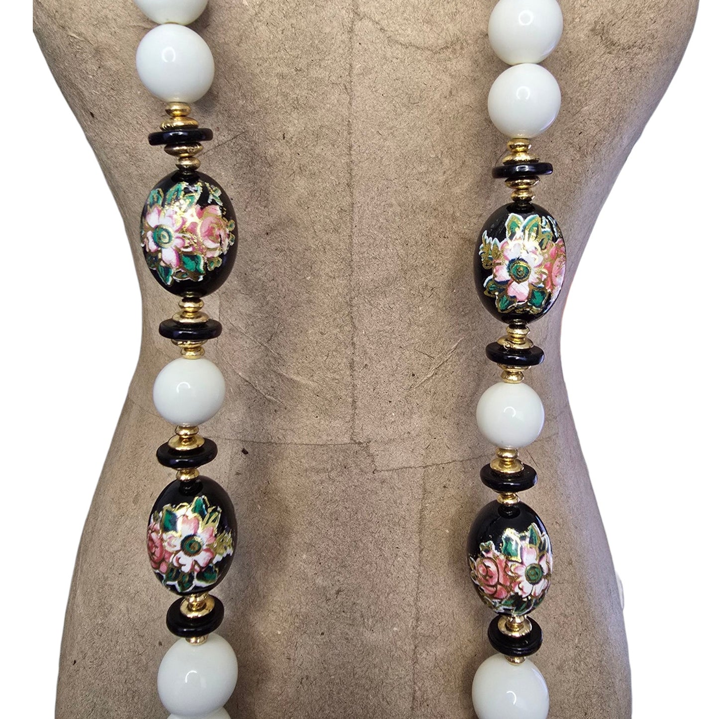 * Vtg Floral Strand Necklace Handpainted over Applied Bead Gold Tone Accents 28"