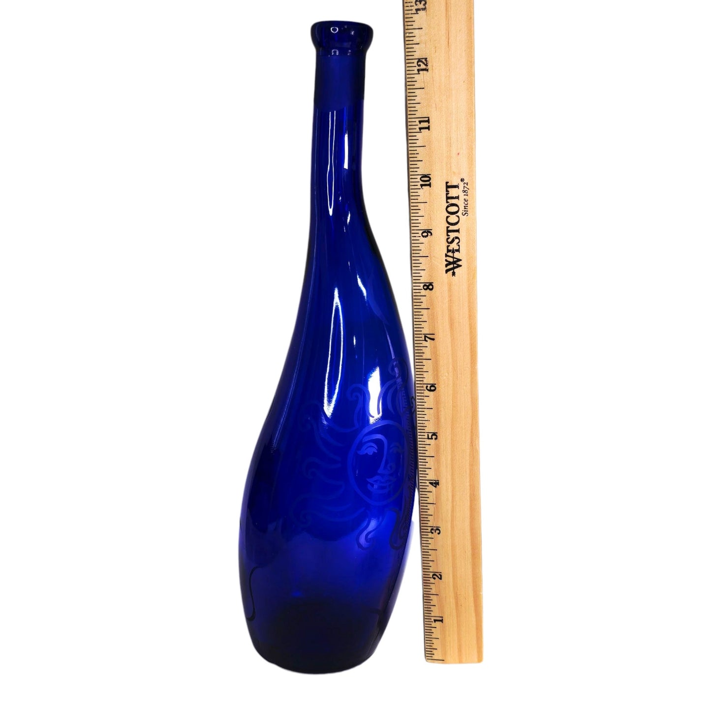 Vtg Decorative Cobalt Blue Glass Bottle with Sun / Sunburst Etching Curved Neck