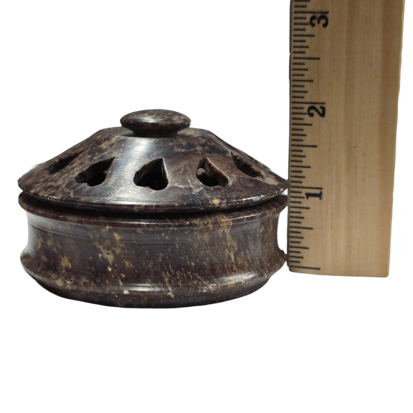 Carved Soapstone Lidded Incense Burner with Hearts Cutouts, Made in India